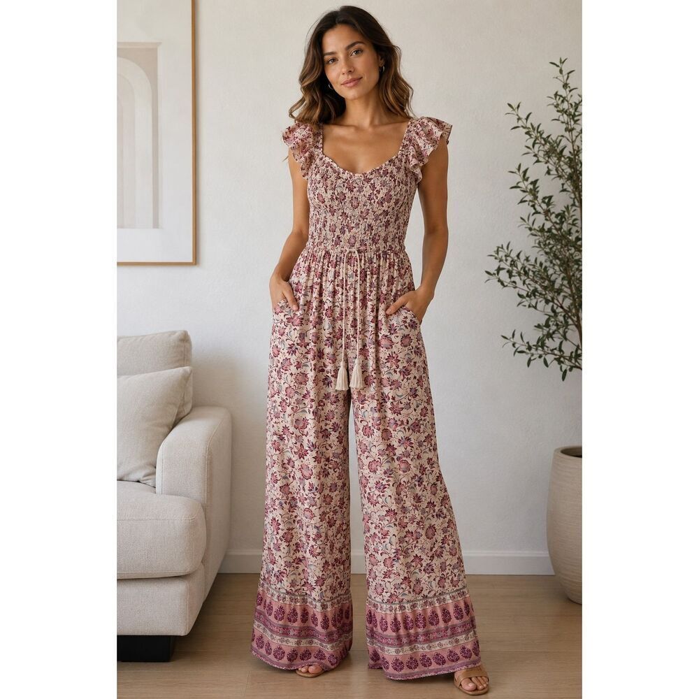 B.O.G. Collective Boho Floral Smocked Wide Leg Jumpsuit Tassel Tie Size S